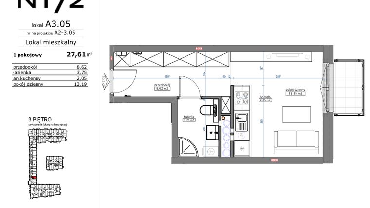 Rzut - Mieszkanie na sprzedaż 1 pokój o powierzchni 27,61 m² - numer A3.05 w Naramowicka 172