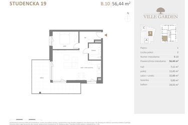 Rzut - Mieszkanie na sprzedaż 2 pokoje o powierzchni 56,44 m² - numer B.10 w Ville Garden