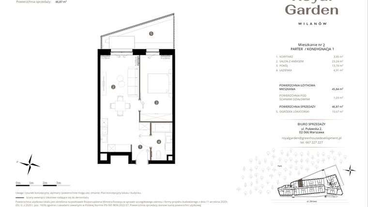 Rzut - Mieszkanie na sprzedaż 2 pokoje o powierzchni 45,84 m² - numer M.02 w Royal Garden Wilanów