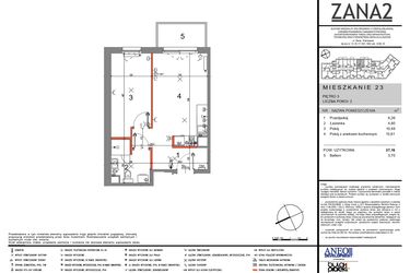 Rzut - Mieszkanie na sprzedaż 2 pokoje o powierzchni 37,16 m² - numer 23 w Zana 2