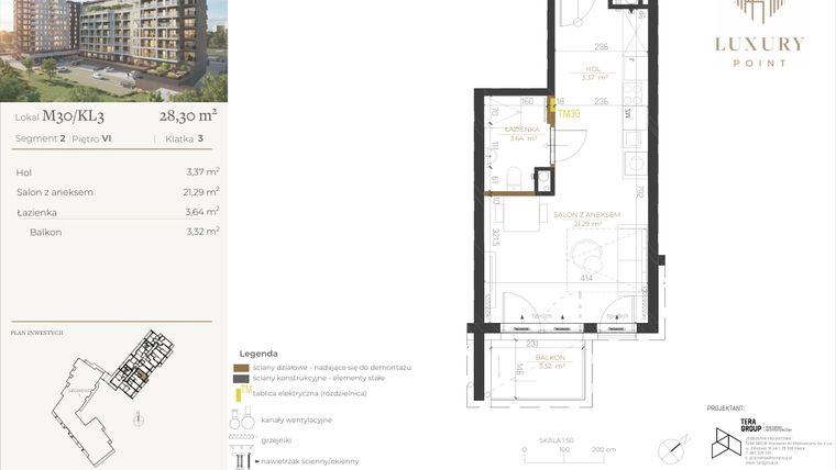 Rzut - Mieszkanie na sprzedaż 1 pokój o powierzchni 28,3 m² - numer M30/KL3 w LUXURY POINT