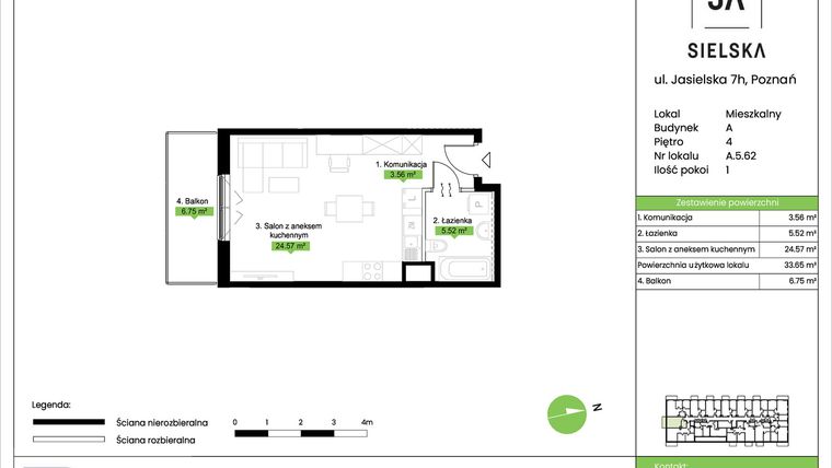 Rzut - Mieszkanie na sprzedaż 1 pokój o powierzchni 33,65 m² - numer A.5.62 w JA_SIELSKA V
