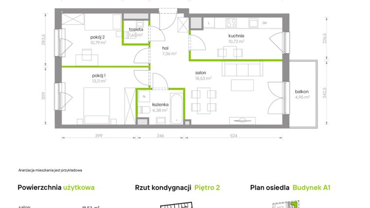 Rzut - Mieszkanie na sprzedaż 3 pokoje o powierzchni 66,54 m² - numer A1.2A12 w Bemowo Vita