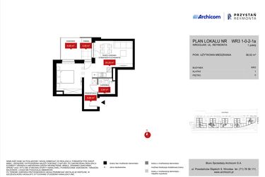 Rzut - Mieszkanie na sprzedaż 1 pokój o powierzchni 38,52 m² - numer WR3 1/0/2/1a w Przystań Reymonta etap II