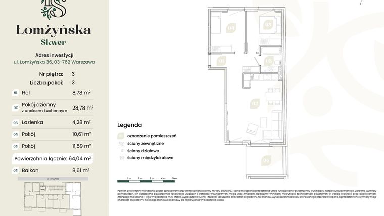 Rzut - Mieszkanie na sprzedaż 3 pokoje o powierzchni 64,04 m² - numer 12 w Łomżyńska Skwer