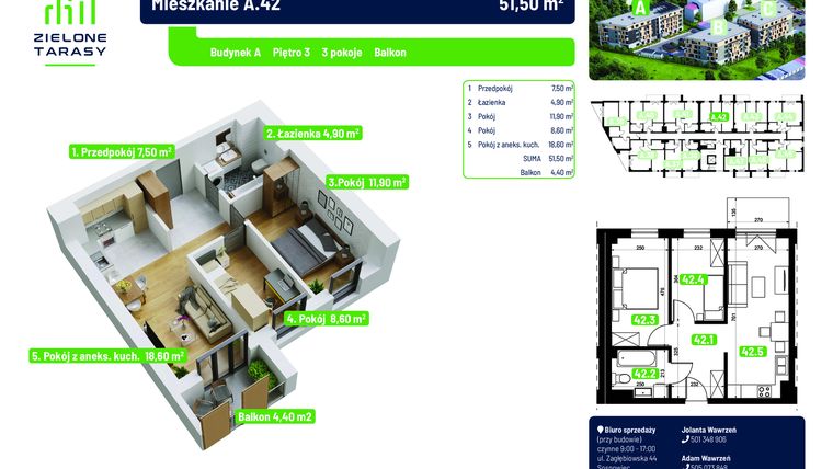 Rzut - Mieszkanie na sprzedaż 3 pokoje o powierzchni 51,5 m² - numer 42 w Zielone Tarasy