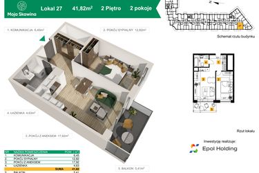 Rzut - Mieszkanie na sprzedaż 2 pokoje o powierzchni 41,82 m² - numer M27 w Moja Skawina