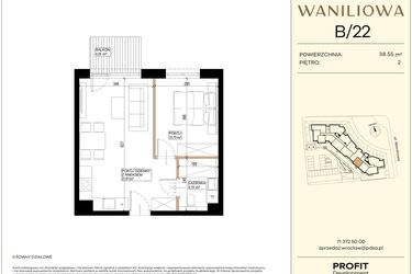 Rzut - Mieszkanie na sprzedaż 2 pokoje o powierzchni 38,55 m² - numer WA2/B/22 w Waniliowa