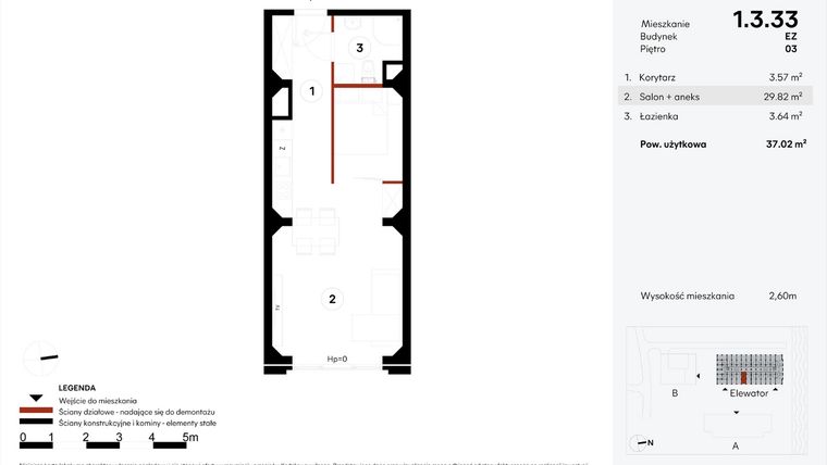 Rzut - Mieszkanie na sprzedaż 1 pokój o powierzchni 37,02 m² - numer EZ.1.3.33 w Elewator - Mieszkania i Lofty
