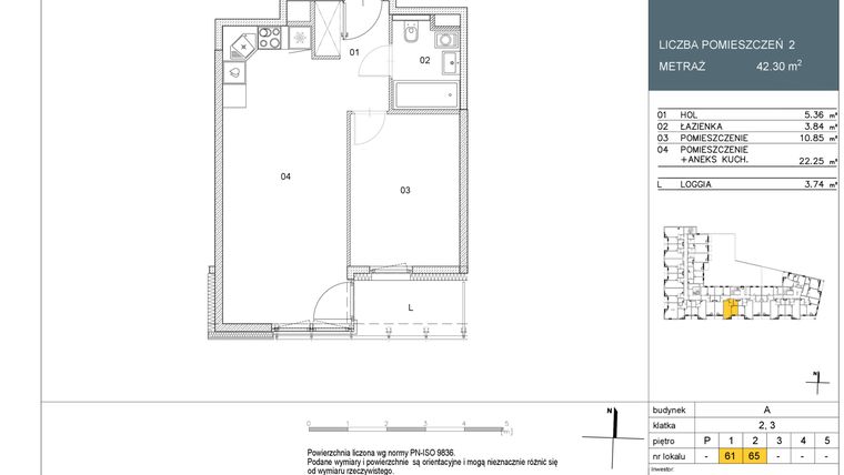 Rzut - Mieszkanie na sprzedaż 2 pokoje o powierzchni 42,3 m² - numer L61 w Morwowa 5 - Apartamenty inwestycyjne