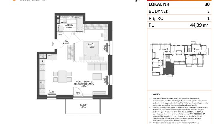 Rzut - Mieszkanie na sprzedaż 2 pokoje o powierzchni 44,39 m² - numer E.30 w Osiedle Warszawska