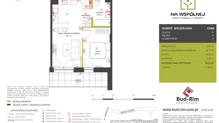 Rzut - Mieszkanie na sprzedaż 2 pokoje o powierzchni 36,53 m² - numer C49 w Na Wspólnej etap 2