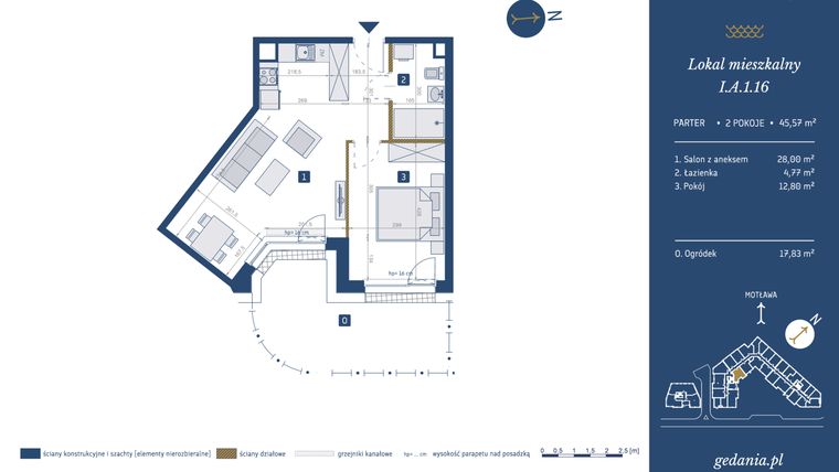 Rzut - Mieszkanie na sprzedaż 2 pokoje o powierzchni 45,57 m² - numer I.A.1.16 w GEDANIA Riverside Living