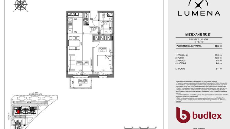 Rzut - Mieszkanie na sprzedaż 2 pokoje o powierzchni 43,83 m² - numer C1.27 w Lumena