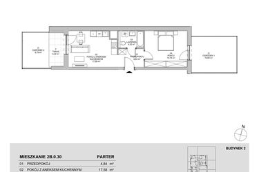 Rzut - Mieszkanie na sprzedaż 2 pokoje o powierzchni 42,52 m² - numer 2B.0.30 w Francuska Park VIIIA