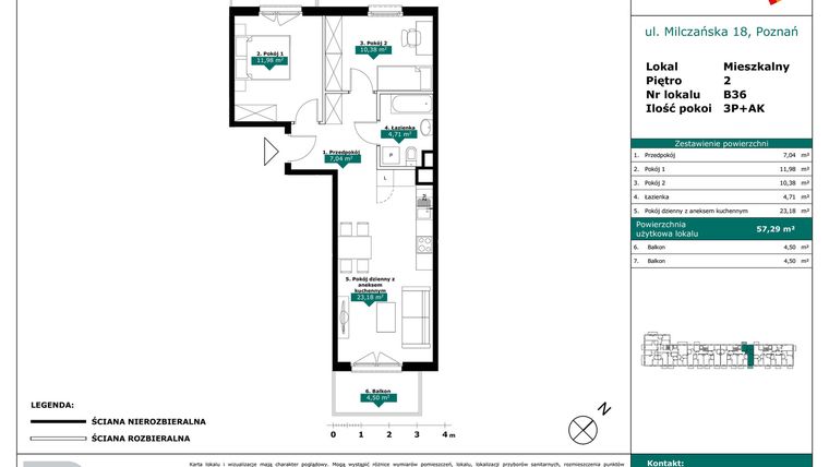 Rzut - Mieszkanie na sprzedaż 3 pokoje o powierzchni 57,29 m² - numer B36 w Milczańska 18