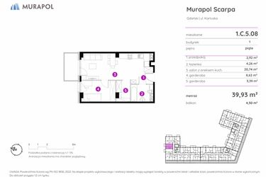 Rzut - Mieszkanie na sprzedaż 1 pokój o powierzchni 39,93 m² - numer 1.C.5.08 w Murapol Scarpa