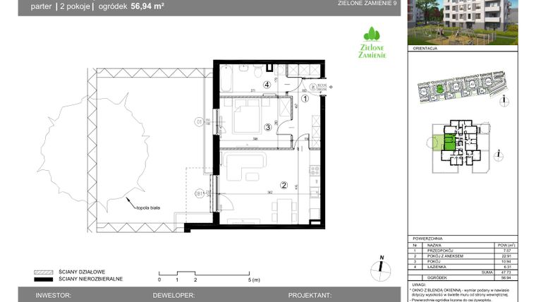 Rzut - Mieszkanie na sprzedaż 2 pokoje o powierzchni 47,73 m² - numer 2G.27.3 w Zielone Zamienie IX