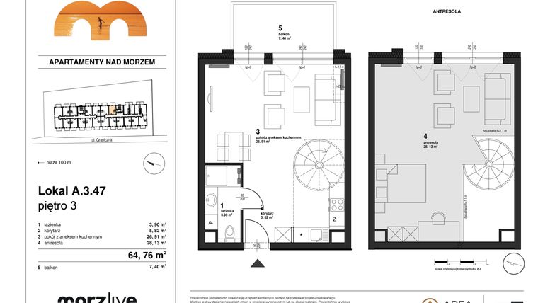 Rzut - Mieszkanie na sprzedaż 1 pokój o powierzchni 64,76 m² - numer A.3.47 w Morzlive