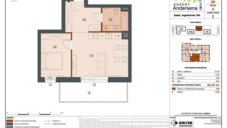 Rzut - Mieszkanie na sprzedaż 2 pokoje o powierzchni 46,45 m² - numer 28C w Ogrody Andersena