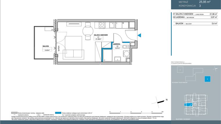 Rzut - Mieszkanie na sprzedaż 1 pokój o powierzchni 25,94 m² - numer E.3.04 w Nordic Bemowo - etap IV