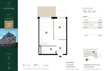 Rzut - Mieszkanie na sprzedaż 2 pokoje o powierzchni 39,55 m² - numer 37 w Rezydencja Świerkowa