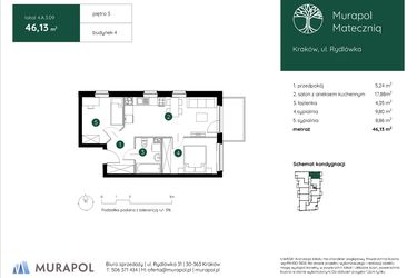 Rzut - Mieszkanie na sprzedaż 3 pokoje o powierzchni 46,13 m² - numer 4.A.3.09 w Murapol Mateczniq bud. 4