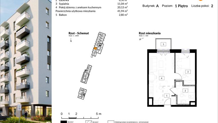 Rzut - Mieszkanie na sprzedaż 2 pokoje o powierzchni 41,94 m² - numer A.6 w Osiedle Kochanowskiego - Gliwice