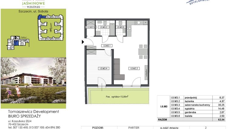 Rzut - Mieszkanie na sprzedaż 2 pokoje o powierzchni 62,54 m² - numer I0M3 w Jaśminowe Wzgórze - etap II