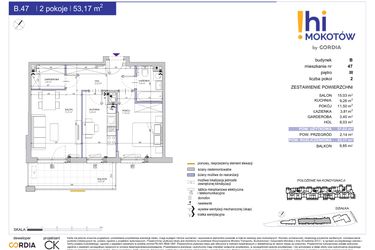 Rzut - Mieszkanie na sprzedaż 2 pokoje o powierzchni 53,17 m² - numer A1.B.47 w Hi Mokotów