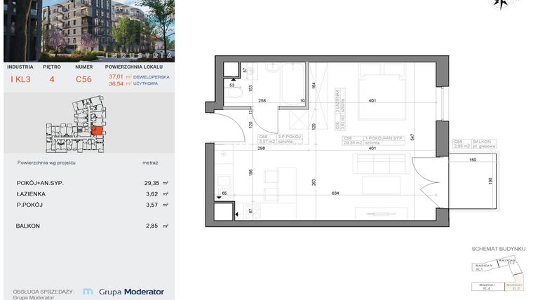 Rzut - Mieszkanie na sprzedaż 1 pokój o powierzchni 36,54 m² - numer I-C56 w Industria etap I-D oraz I-C
