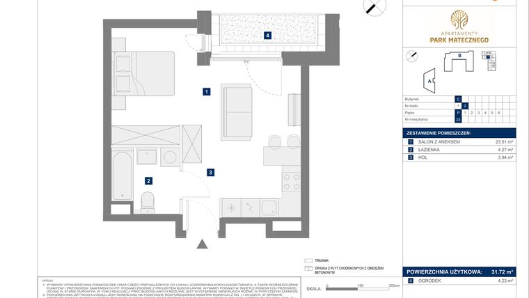 Rzut - Mieszkanie na sprzedaż 1 pokój o powierzchni 31,72 m² - numer C23 w Apartamenty Park Matecznego Etap 1