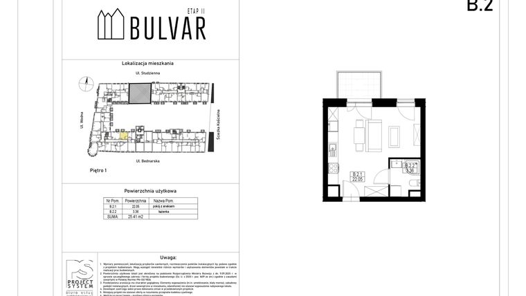 Rzut - Mieszkanie na sprzedaż 1 pokój o powierzchni 25,41 m² - numer B2 w Bulvar etap II