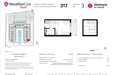 Rzut - Mieszkanie na sprzedaż 1 pokój o powierzchni 32,2 m² - numer 317 w VacationClub Resort
