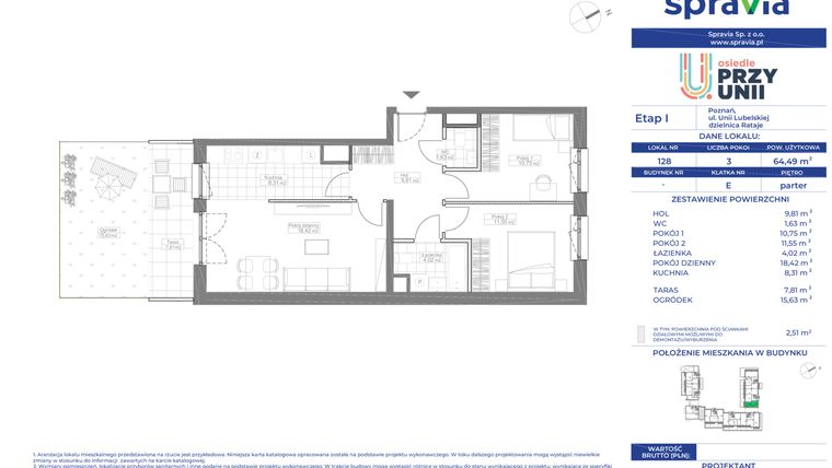 Rzut - Mieszkanie na sprzedaż 3 pokoje o powierzchni 64,49 m² - numer 128 w Osiedle Przy Unii