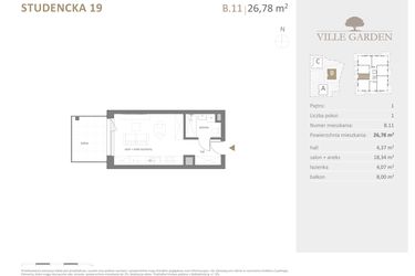 Rzut - Mieszkanie na sprzedaż 1 pokój o powierzchni 26,78 m² - numer B.11 w Ville Garden
