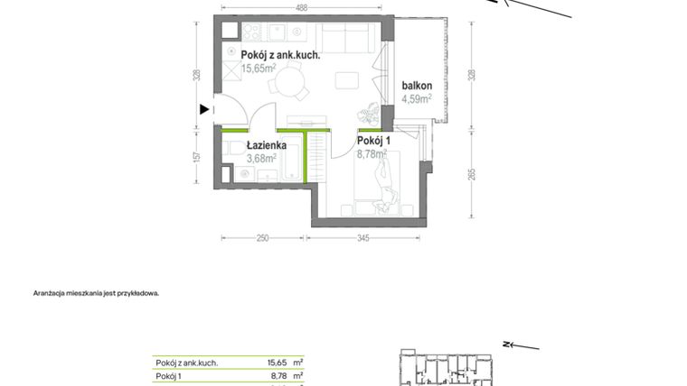 Rzut - Mieszkanie na sprzedaż 2 pokoje o powierzchni 28,11 m² - numer B.A.1.01 w Głębocka Vita
