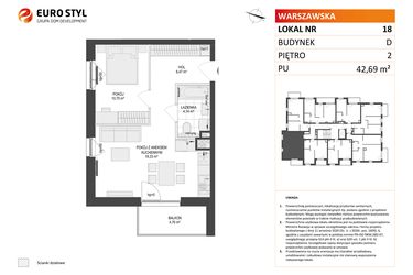Rzut - Mieszkanie na sprzedaż 2 pokoje o powierzchni 42,69 m² - numer D.18 w Osiedle Warszawska etap II