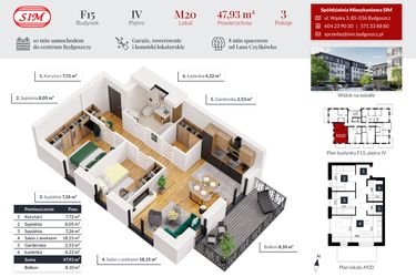Rzut - Mieszkanie na sprzedaż 3 pokoje o powierzchni 47,93 m² - numer 20 w Tęczowy Zakątek F-15
