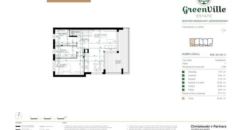 Rzut - Mieszkanie na sprzedaż 3 pokoje o powierzchni 74,17 m² - numer 30.2 w Green Ville