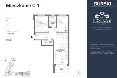Rzut - Mieszkanie na sprzedaż 3 pokoje o powierzchni 72,4 m² - numer C1 w Św. Piotra
