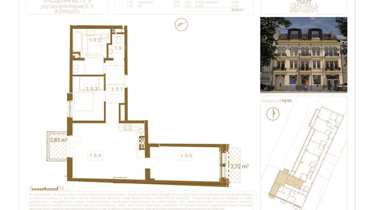 Rzut - Mieszkanie na sprzedaż 3 pokoje o powierzchni 66,49 m² - numer 9 w Centrala
