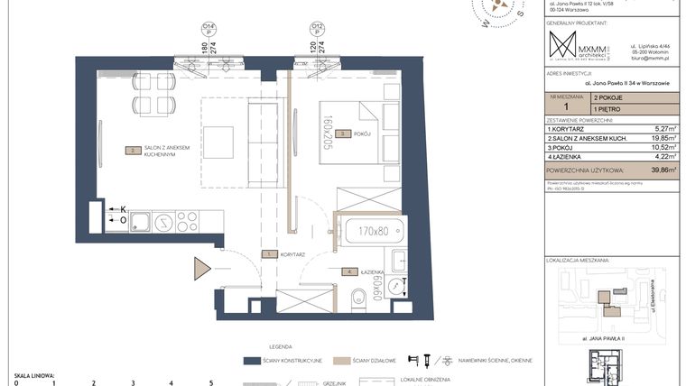 Rzut - Mieszkanie na sprzedaż 2 pokoje o powierzchni 39,86 m² - numer 1 w Apartamenty Jana Pawła 34
