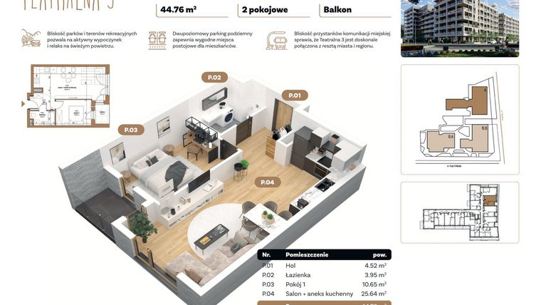 Rzut - Mieszkanie na sprzedaż 2 pokoje o powierzchni 44,76 m² - numer A 2.08 w Teatralna 3 - etap II