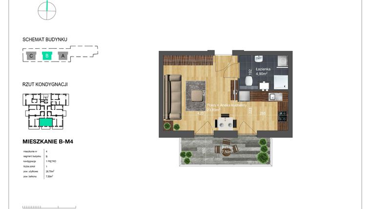 Rzut - Mieszkanie na sprzedaż 1 pokój o powierzchni 28,79 m² - numer B-M4 w Bunscha Park 4.0