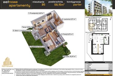 Rzut - Mieszkanie na sprzedaż 3 pokoje o powierzchni 58,09 m² - numer B5 w Osiedle Wełnowe Apartamenty
