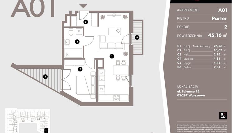Rzut - Mieszkanie na sprzedaż 2 pokoje o powierzchni 45,16 m² - numer A01 w Livo