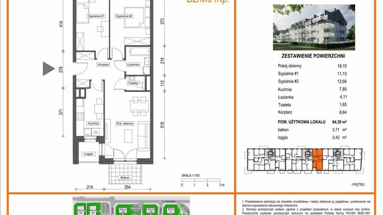 Rzut - Mieszkanie na sprzedaż 3 pokoje o powierzchni 64,39 m² - numer B2/M01/1P w Zielony Brochów 7