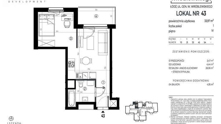 Rzut - Mieszkanie na sprzedaż 1 pokój o powierzchni 33,97 m² - numer A43 w Wróblewskiego