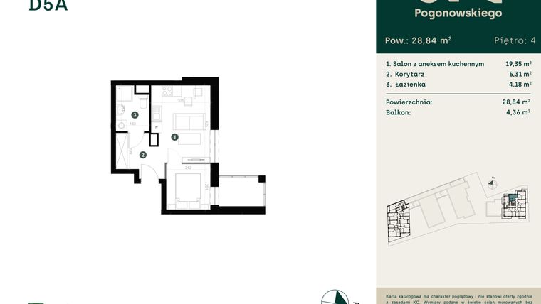 Rzut - Mieszkanie na sprzedaż 1 pokój o powierzchni 28,86 m² - numer D-5A w Pogonowskiego 73